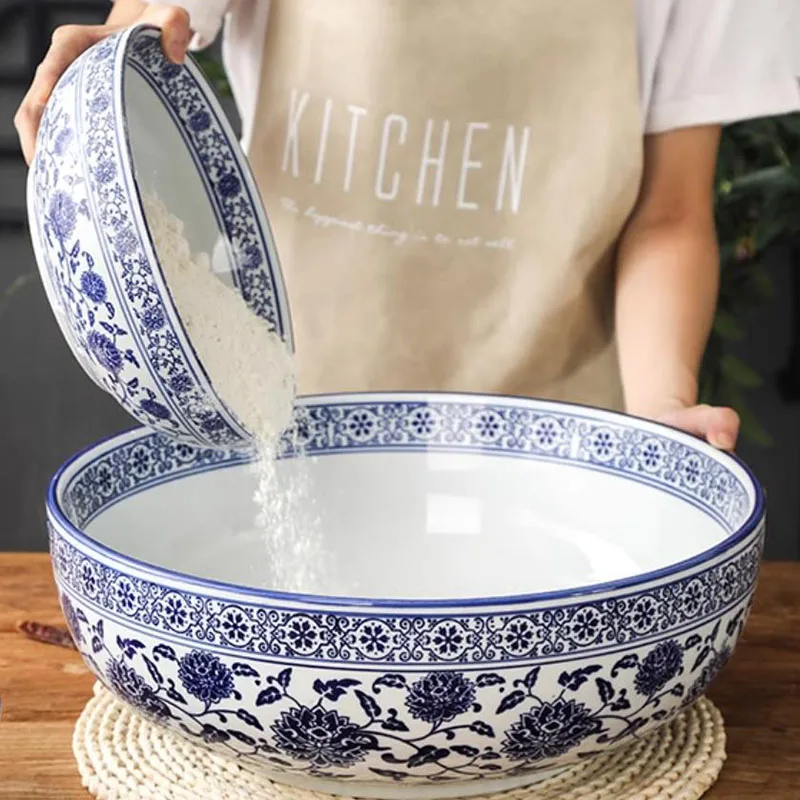 Chinese Ceramic Big Bowl Blue and White Porcelain Ramen Soup Bowls Salad Bowl Pickled Cabbage Fish Boiled Fish Hotel Tableware