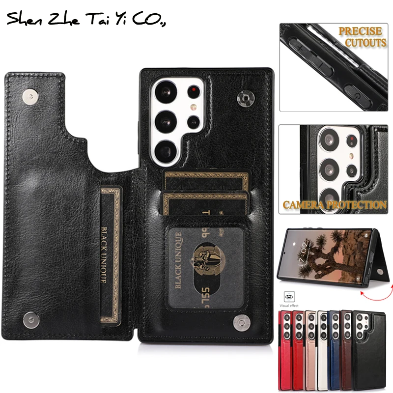

Leather Holder Wallet Back Case for Samsung Galaxy S23 Ultra S22 S21 S20 FE Plus S10E Note 20 10 Magnetic Flip Card Slots Cover