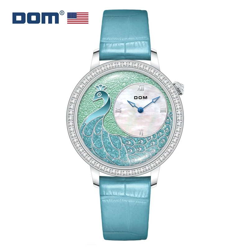 DOM 1597 Fashion Women's Quartz Watches Elegant Peacock Diamond Dial Leather Strap Waterproof Business Ladies Casual Wristwatch