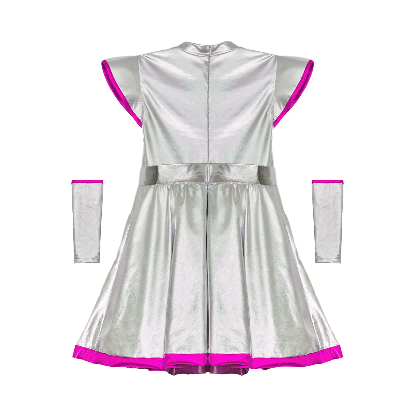 Costume de cosplay d'astronome de robot extraterrestre pour enfants, mancherons, robe de jeu de rôle métallique brillante, tenues d'Halloween pour filles, manches de bras