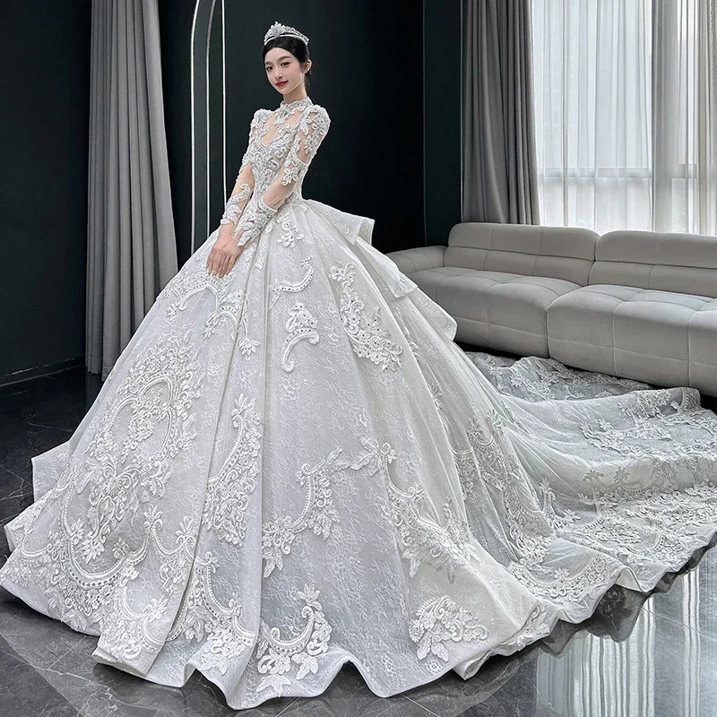 French Court Style Retro Wedding Dress, New Bride with Big Tail, High-end White Summer Main Yarn Wedding Dress Bridal Dress