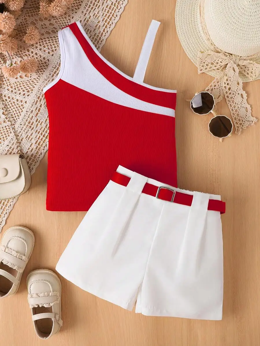 

Red And White Color Block Asymmetrical Camisole Top With Belted White Shorts Set