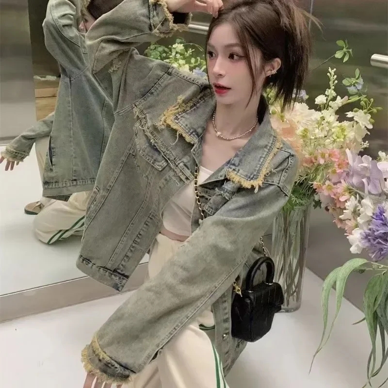 2024 New Spring Autumn Vintage Broken Hole Short Denim Jacket Leisure Coat Women's Loose Blouse Fashion Tops Large Size Outwear