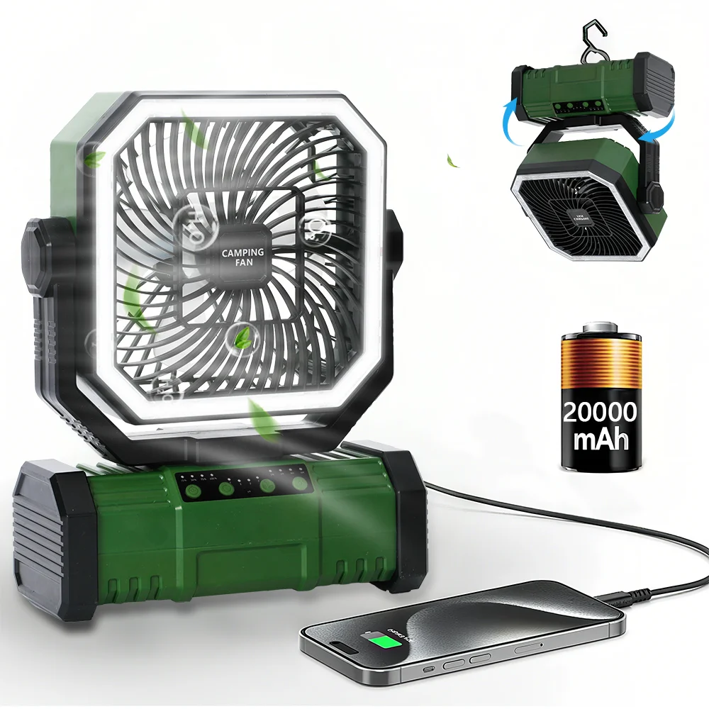 

Вентилятор на батарейках 20000 мАч, портативный перезаряжаемый настольный/кемпинговый вентилятор со светодиодной подсветкой и крючком, уличный вентилятор для палатки, автомобиля, поездок