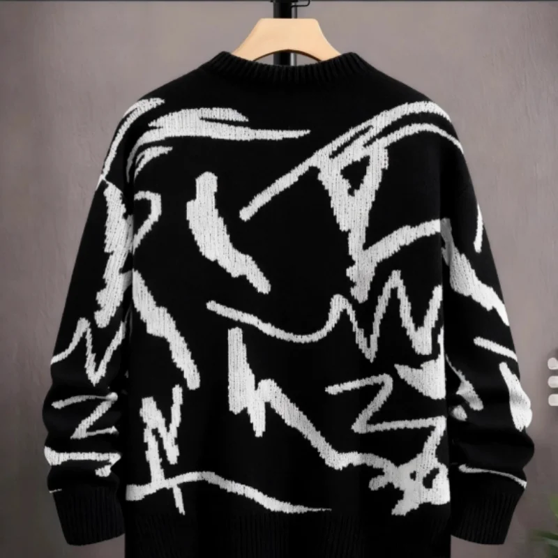 Men & Women Long Sleeve Knit Sweater Autumn Winter Hong Kong Style Round Neck Jacquard Knitwear Couples' Printed Sweater