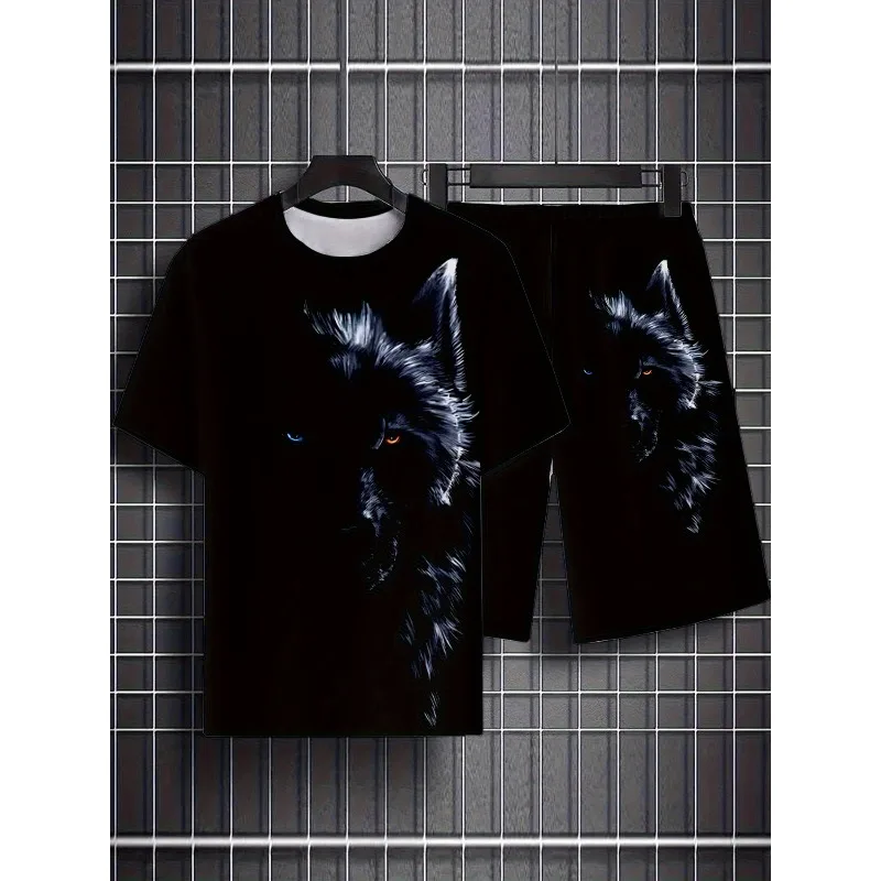 

2025 Summer Men's 3D Printed Round Neck Short Sleeve Polyester Fiber T-shirt Shorts Set for Casual Outdoor Sports