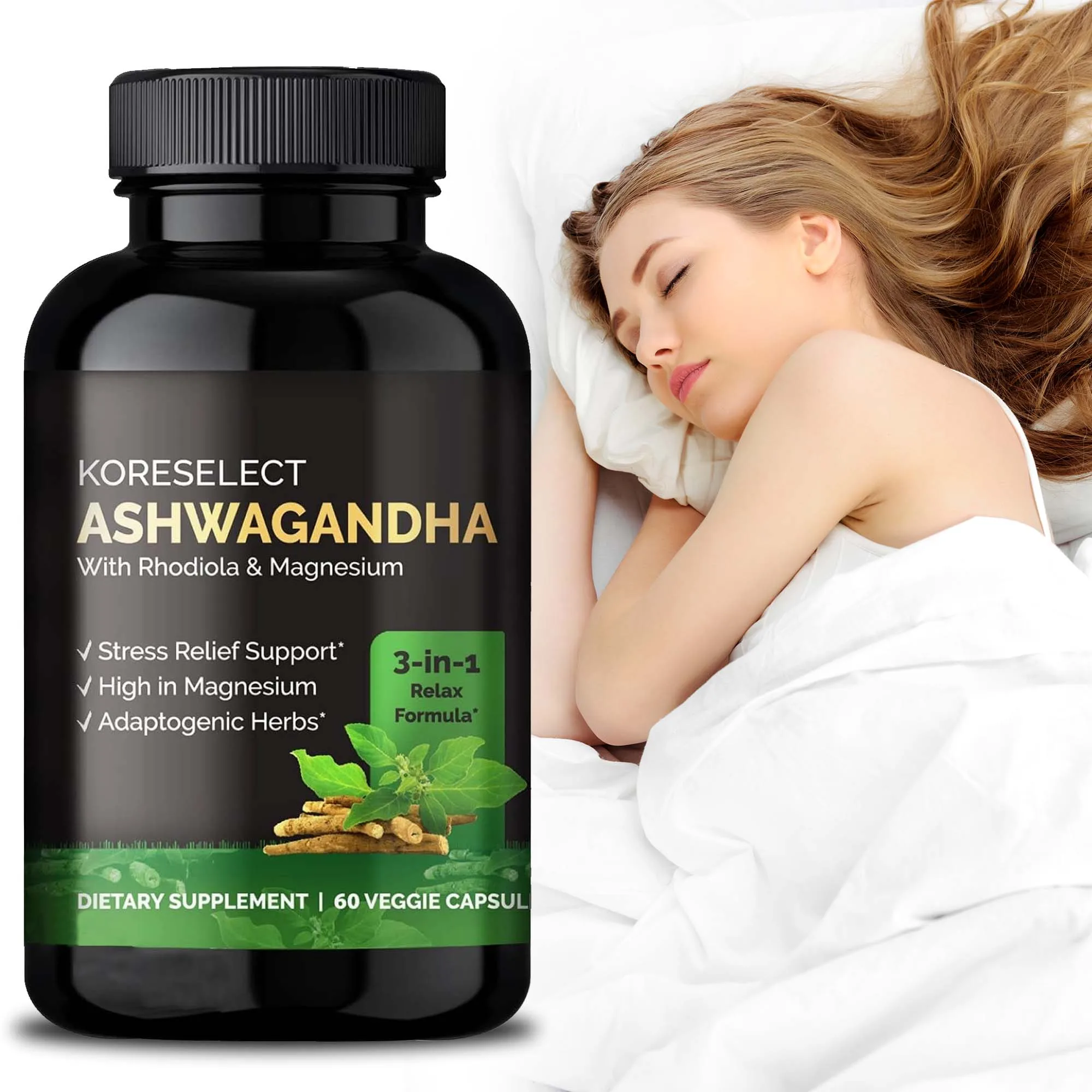 

Ashwagandha Extract Capsules - Contains Rhodiola Rosea To Naturally Relieve Stress and Anxiety, Promote Sleep, and Balance Mood