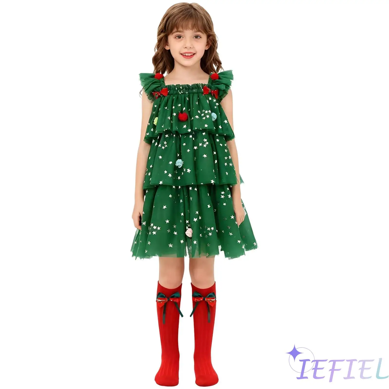

Toddler Baby Girl Christmas Tress Dress Golden Star Print Layered Tulle Tutu Christmas Dress with Socks for Family Gatherings