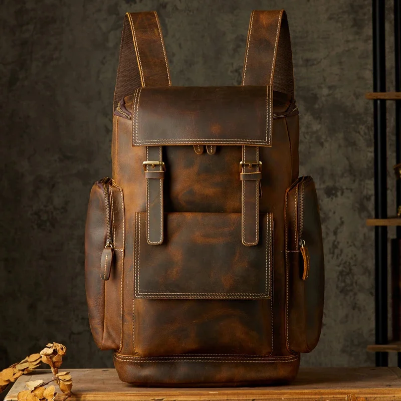 Vintage Genuine Leather Backpack Handmade Shoulder Bag Cowhide Travel Knapsack Large Capacity Laptop Rucksack Retro School