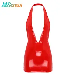 Abito minigonna da donna con scollo a V e scollo a V per Rave Party abito effetto bagnato lucido in pelle verniciata con chiusura a cerniera posteriore