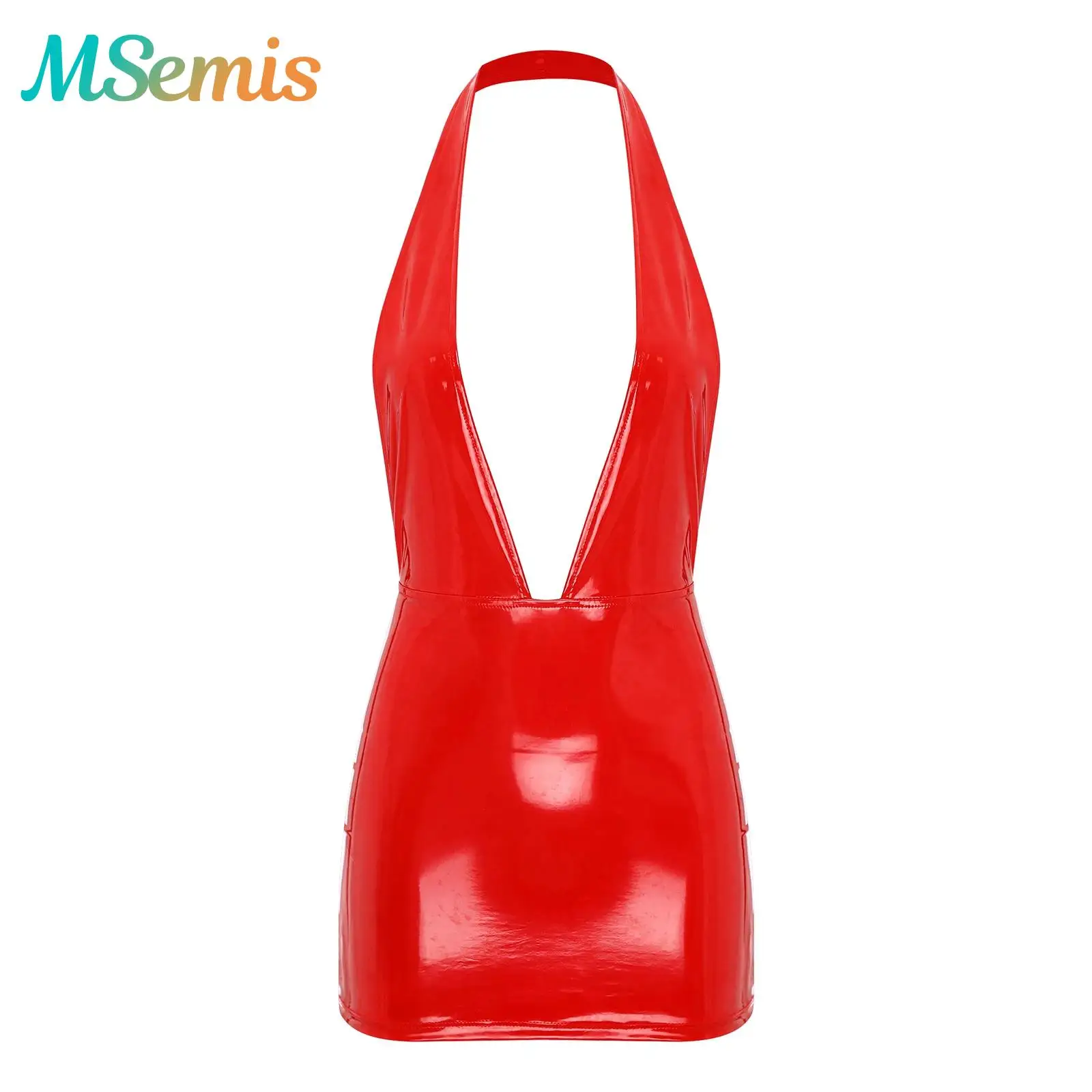 Womens Skinny Latex Mini Skirt Mini Dress Patent Leather Glossy Wet Look Bodycon Latex PVC Dress Wetlook Rave Party Clubwear