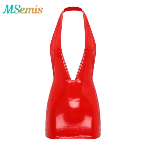 Minifalda ajustada de látex para mujer, minivestido de charol brillante con aspecto húmedo, vestido ajustado de látex y PVC, ropa para fiesta Rave con aspecto húmedo