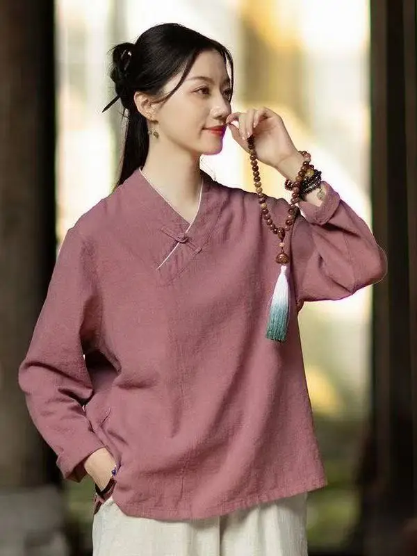 

Retro Chinese Style Long Sleeve Cotton Linen Shirt Slimming Zen Style Button up Spring Autumn Fashion Women's Premium Clothing
