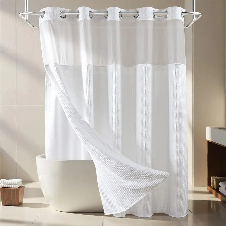 

White Fabric Shower Curtain Set, Cotton Blend, Waffle Weave, with Snap in Replacement Liner71 x 74 inches