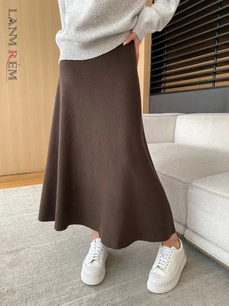 [LANMREM] Elastic High Waist Knitting Skirts For Women A-line Mid-length Office Lady Fit Female Skirt 2024 Autumn New 26C281