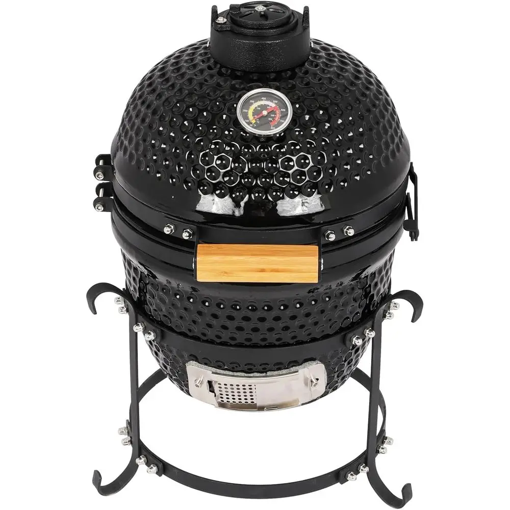 

Portable Cast Iron Egg Grill with Bamboo Handle and Built-in Thermometer for Outdoor Cooking