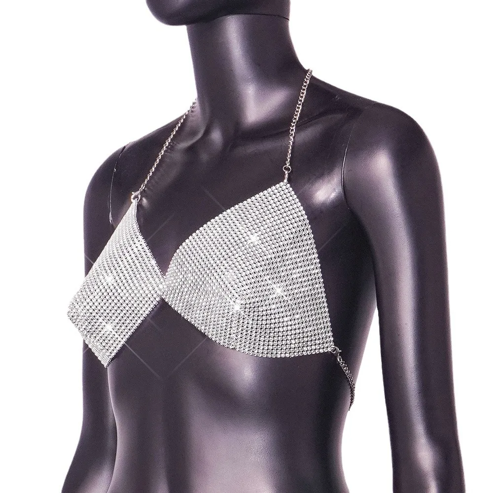 섹시 체인 목걸이 팔찌 크로스바디 다이아몬드 클럽 탑 여성용 울트라 씬 폴디드 패브릭 브라리스 크롭 탑 핫 걸