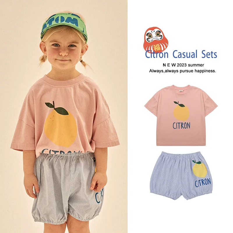 

Jenny&Dave Spot 23 Summer New Children's Casual Two Piece Set, Children's Cartoon Lemon Letter Printing Short Sleeve Pants Set