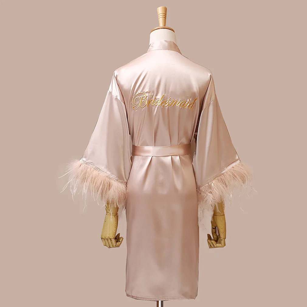 Feather Embroidery Bride Bridesmaid Wedding Robe Half Sleeve Kimono Bathrobe Nightgown Sexy Satin Sleepwear Home Dressing Gown