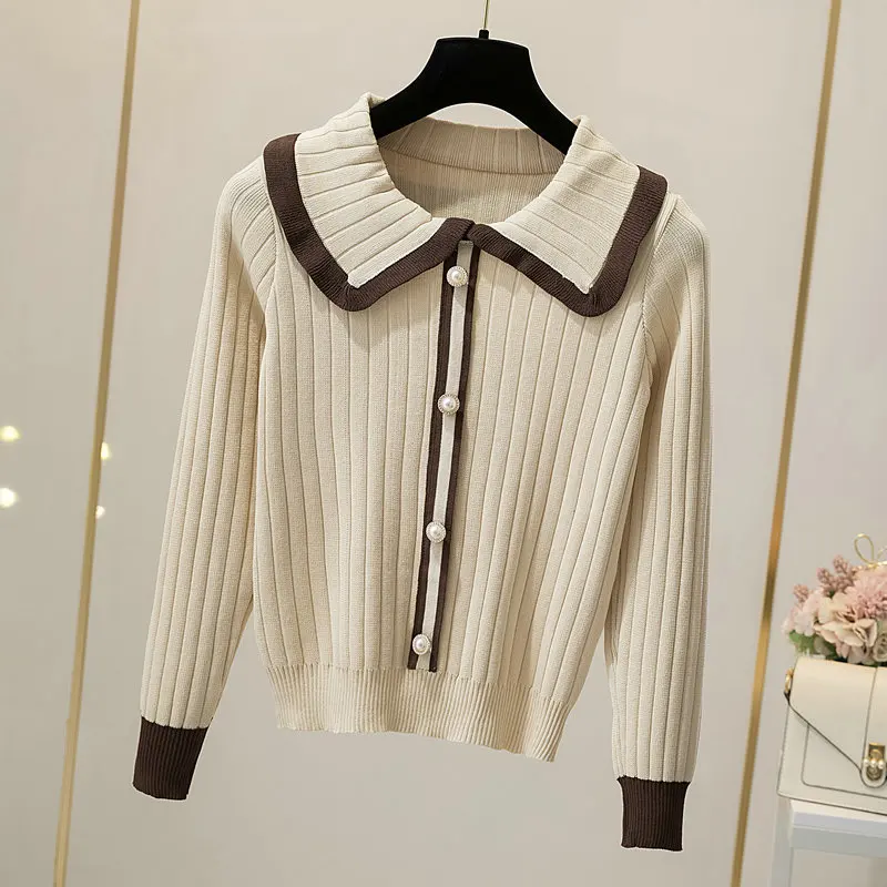 Peter Pan Collar Sweater Cardigan 2024 Autumn/Winter Long Sleeved Knitted Top Women's New Slim Fit Korean  All-matched Pullover