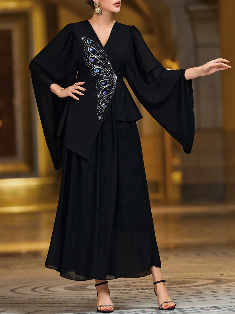 

Mia Muse Ramadan Essentials Women's Muslim Elegant Dress V Neck Long Sleeve Butterfly Diamonds Dress