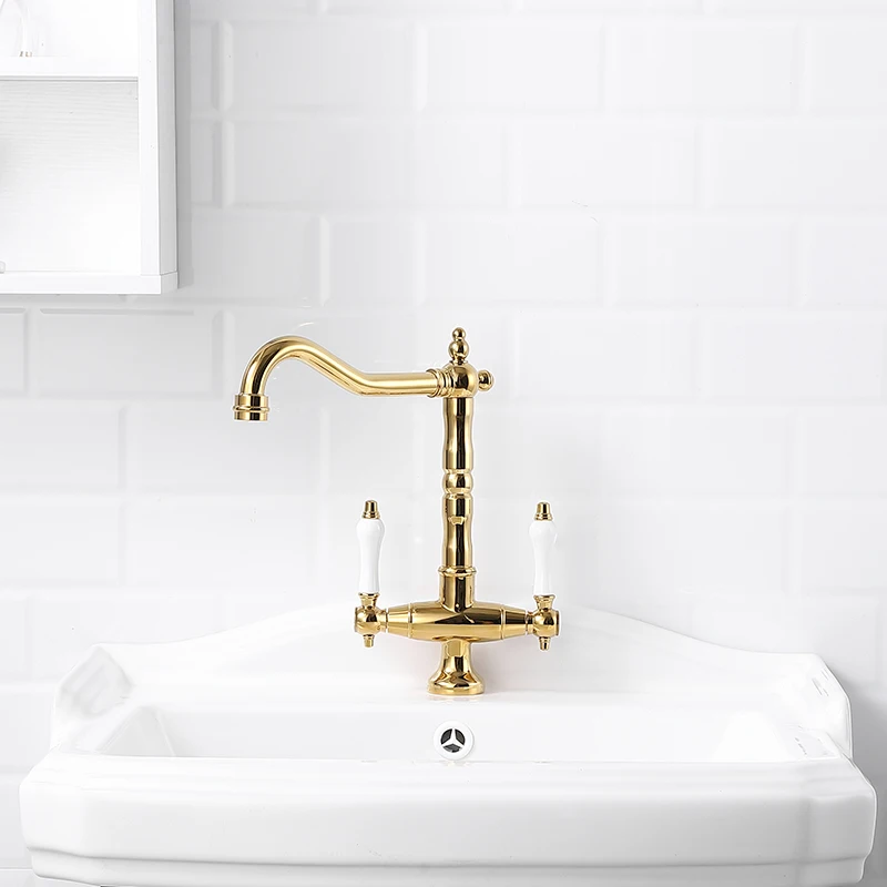 

Kitchen all-copper hot and cold faucet Antique basin Double handle faucet can be rotated