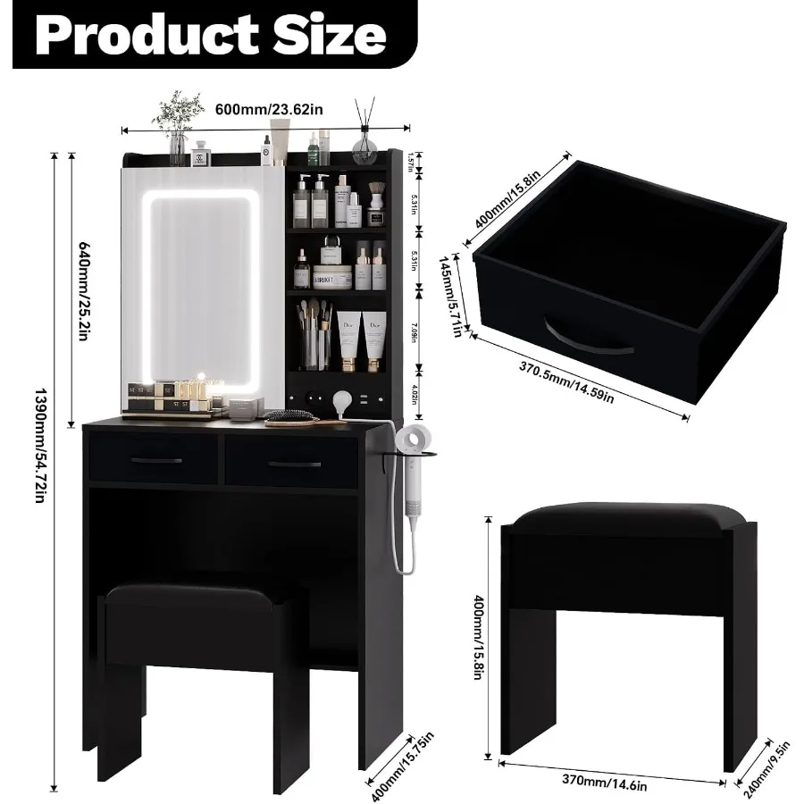 Black MDF Vanity Table Set with Mirror Stool, Dressing Table with American Standard Socket Storage Shelves, Makeup Dresser Orga