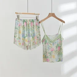 Summer Women's Clothing Satin Mint Green Printing Suspender Shorts Pajamas for Women Viscose Floral Sexy Sleepwear 2 Piece Set