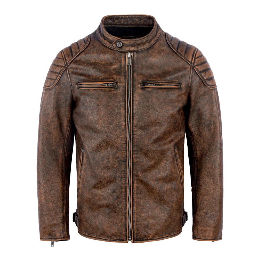 Vintage Red Brown Men Leather Jacket 100% Cowhide Jackets Slim Fit