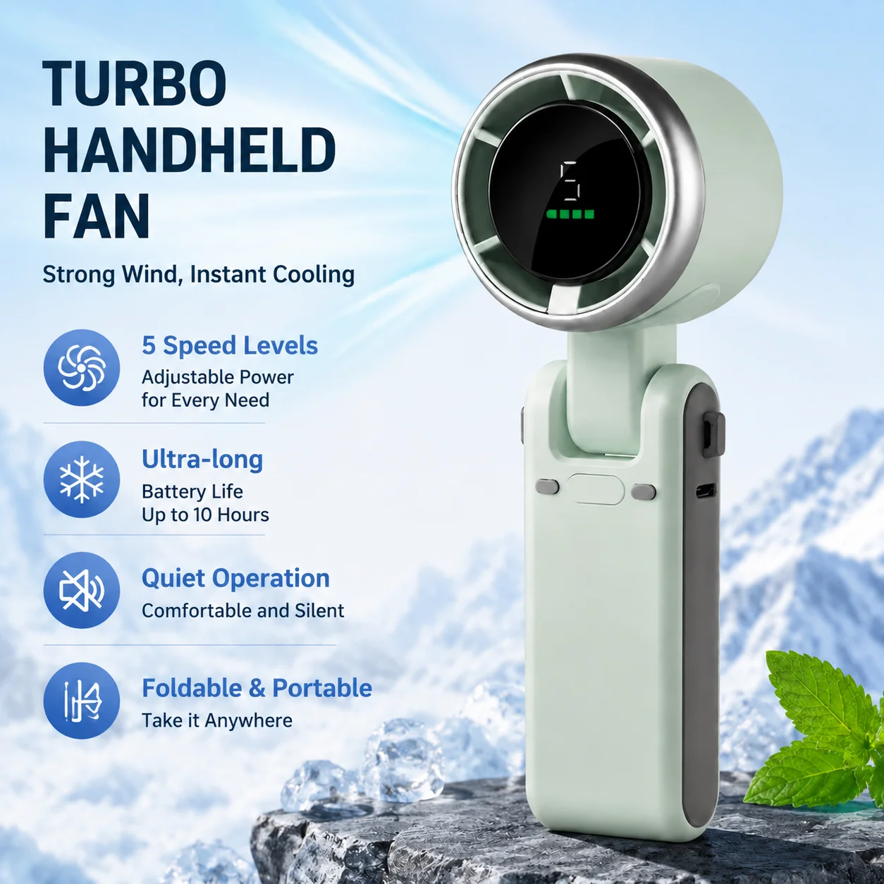 5 Speed Handheld Mini Fan Foldable Mini Fan Portable Desk Outdoor Neck Hanging USB Rechargeable Fan Phone Stand Display Screen