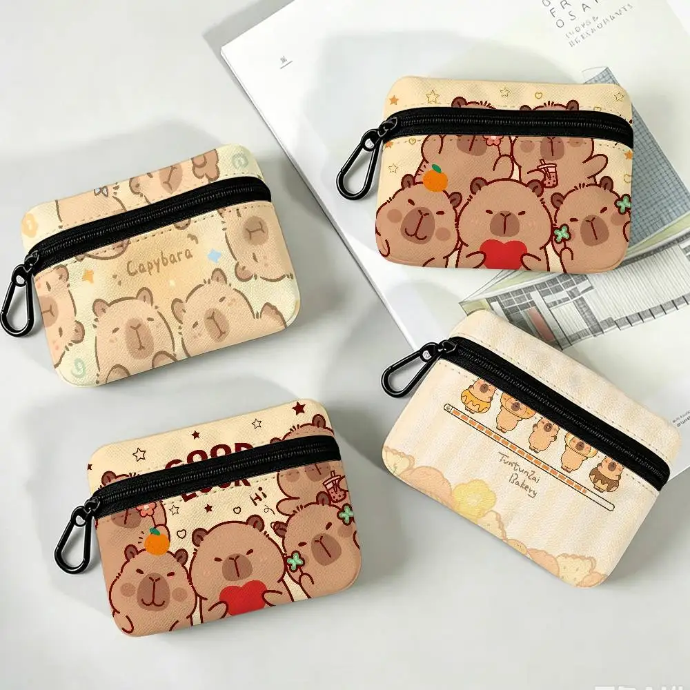 Cute Capybara Portable Oxford Fabric Mini Wallet Carabiner Design Small Coin Bag For Cards Keys Earphones