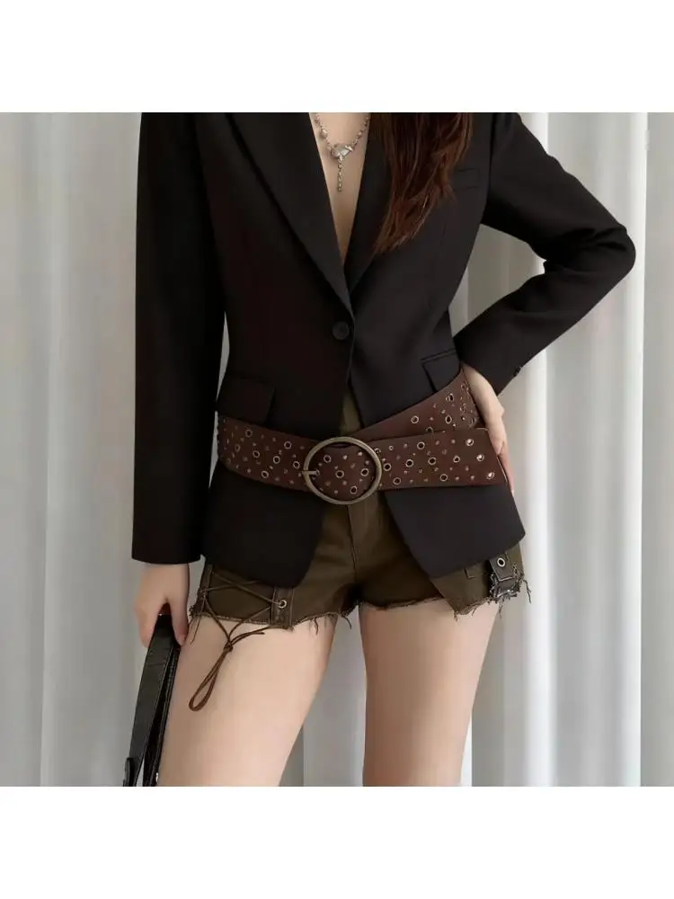 Euro american Retro Street Style Women Width 6.2cm Belt Hollow out Hoop Leather Fashion Special Ring Stitching Features Waisted