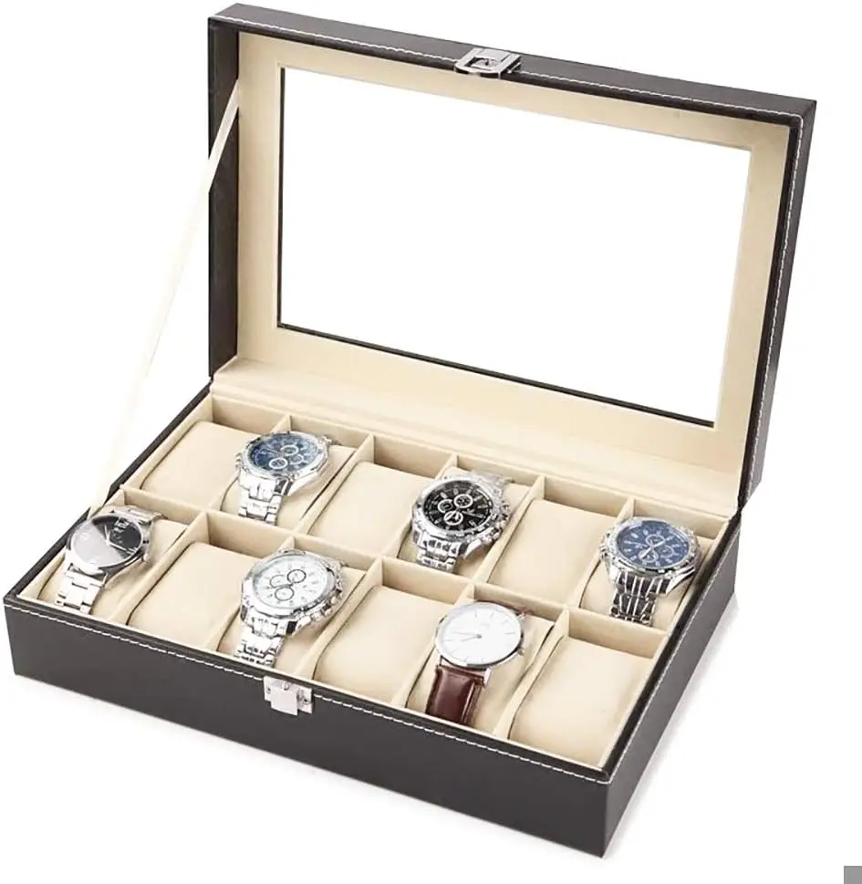 PU Leather Watch Box Display Case Organizer with Framed Glass Lid Elegant Contrast and Removable Pillow for Men and Women
