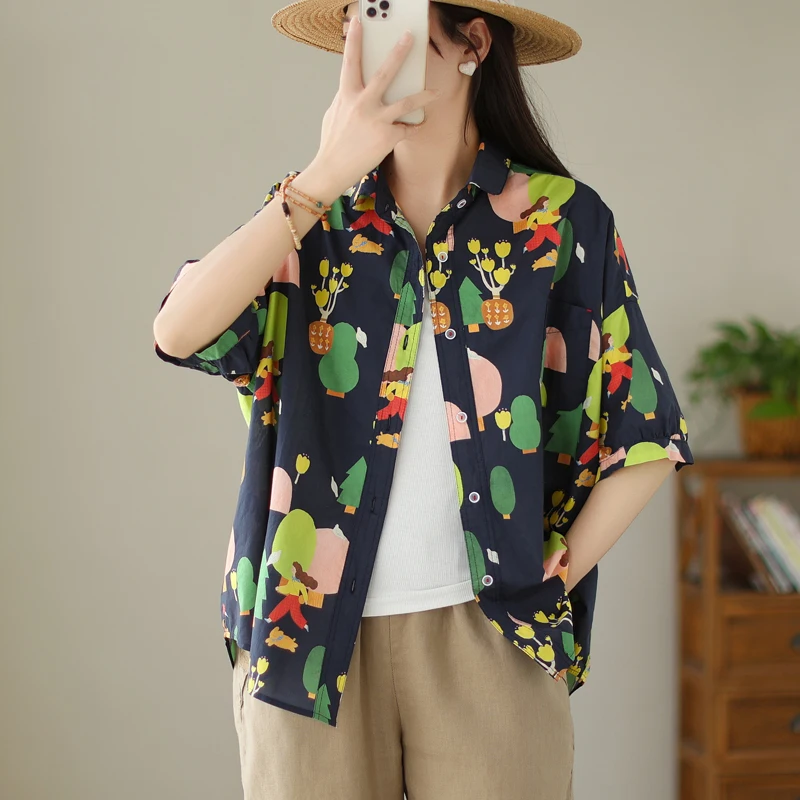 Verano artístico suelto ajuste ort Sve puro algodón impreso Casual irt mujer dulce Sle tubo recto Top abotonada Cardigan