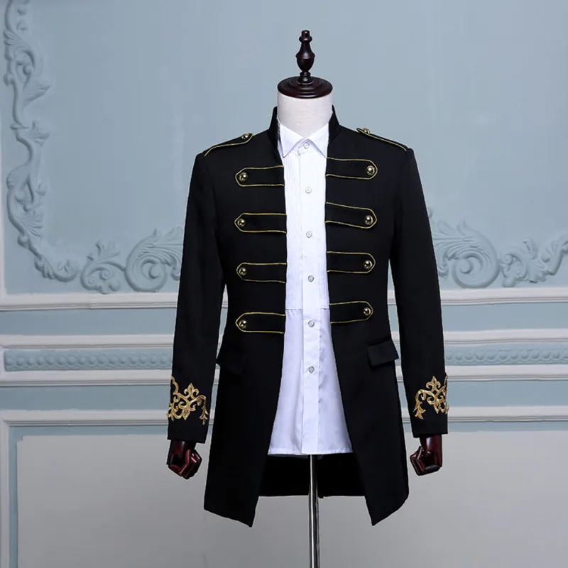 Men's Halloween Black Middle-Length Blazer Stand Collar Middle Ages Vintage Embroidery Coat Uniform for Stage Guest Performance