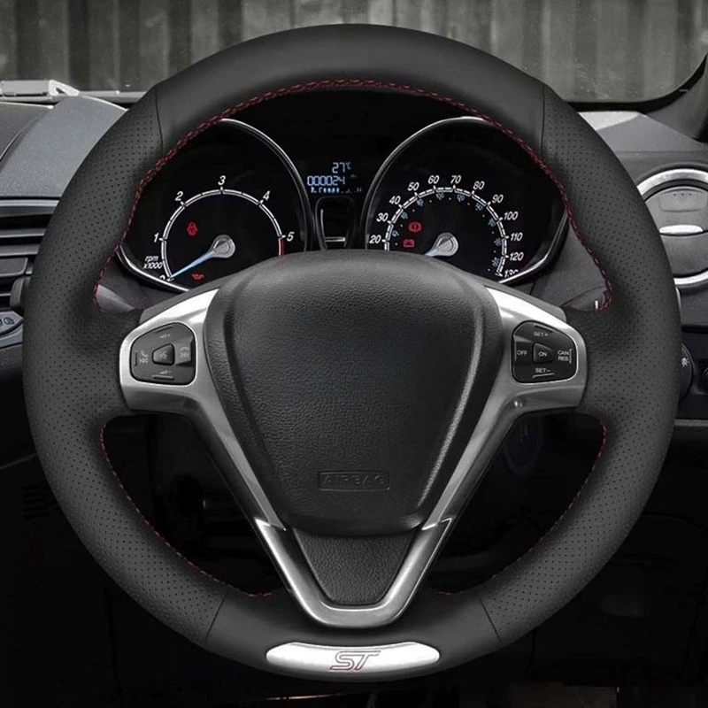 Car Steering Wheel Cover Soft Black Genuine Leather DIY Hand-stitched For Ford Fiesta ST 2013 2014 2015 2016 2017 2018