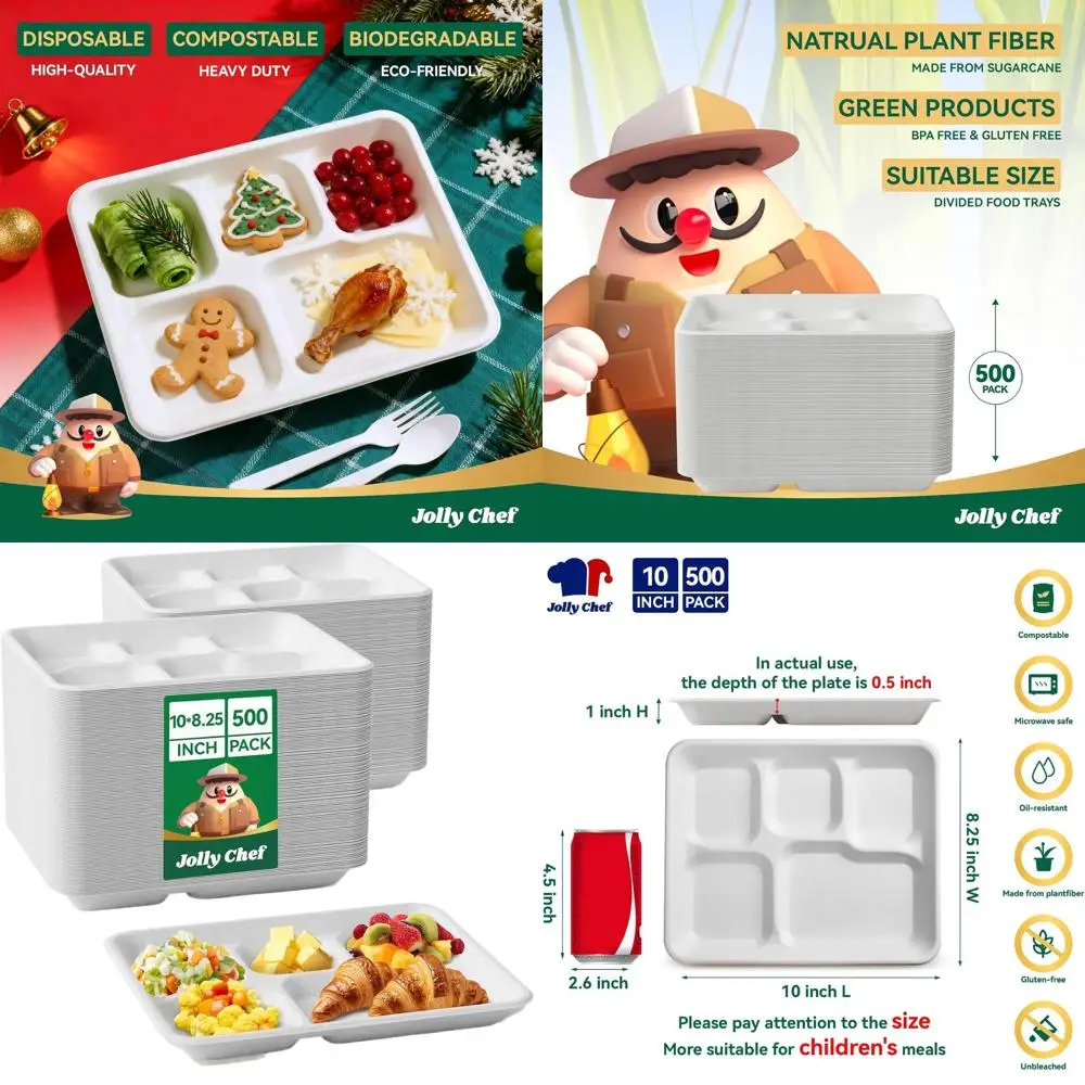 

Eco-Friendly 5-Section Paper Plates, 10x8.25x1 Inches, 500 Pack, Heavy-Duty, Biodegradable, White, Ideal for School, Lunch, Dinn