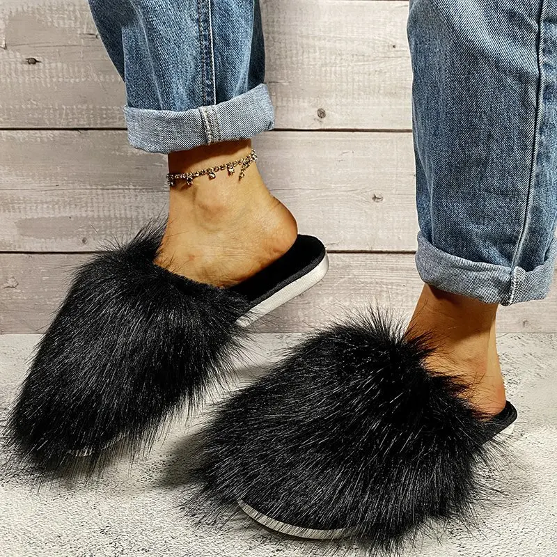 Modische neue warme, lässige Baumwollhausschuhe mit rundem Kopf für Damen im Winter, rutschfeste, bequeme und sexy Pelzschuhe mit flachem Boden
