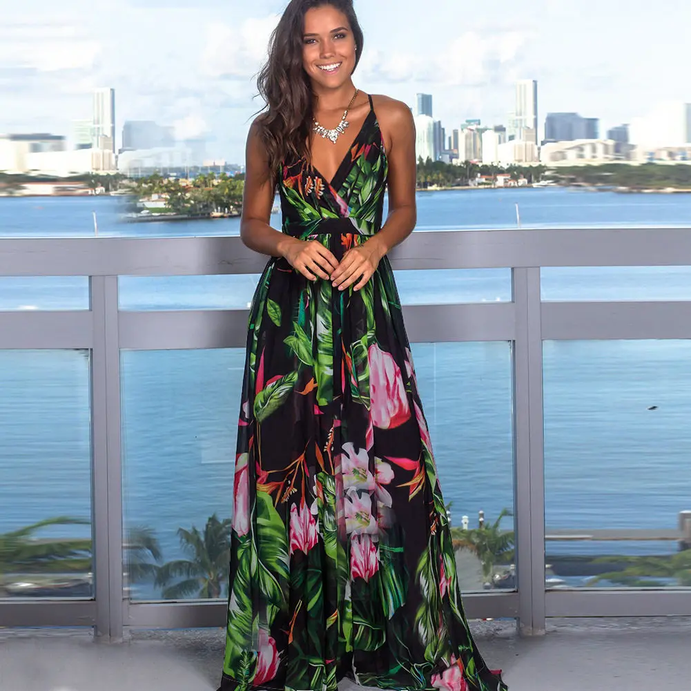 

Women's Tropical Print Deep V Spaghetti Strap Maxi Dress Flowy Fabric and Floor-Length Skirt Stylish Casual Dress