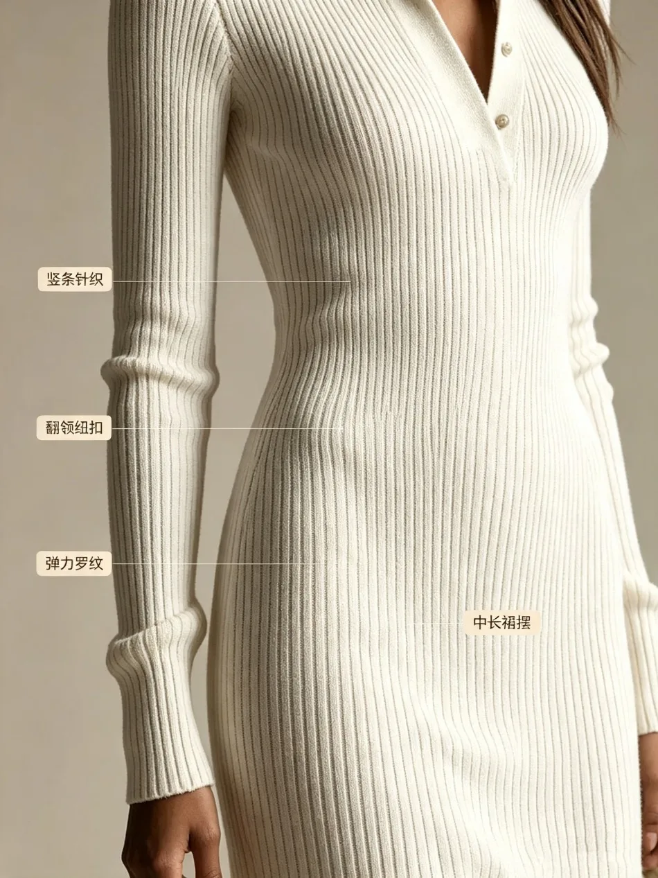 Schmal geschnittenes Langarm-Farbkleid für Damen, hochtaillierter A-Linien-Rock, sauber geschnittener Woll-Polyester-Mix, Umlegekragen, City-Walk-Kleid – Detail 4