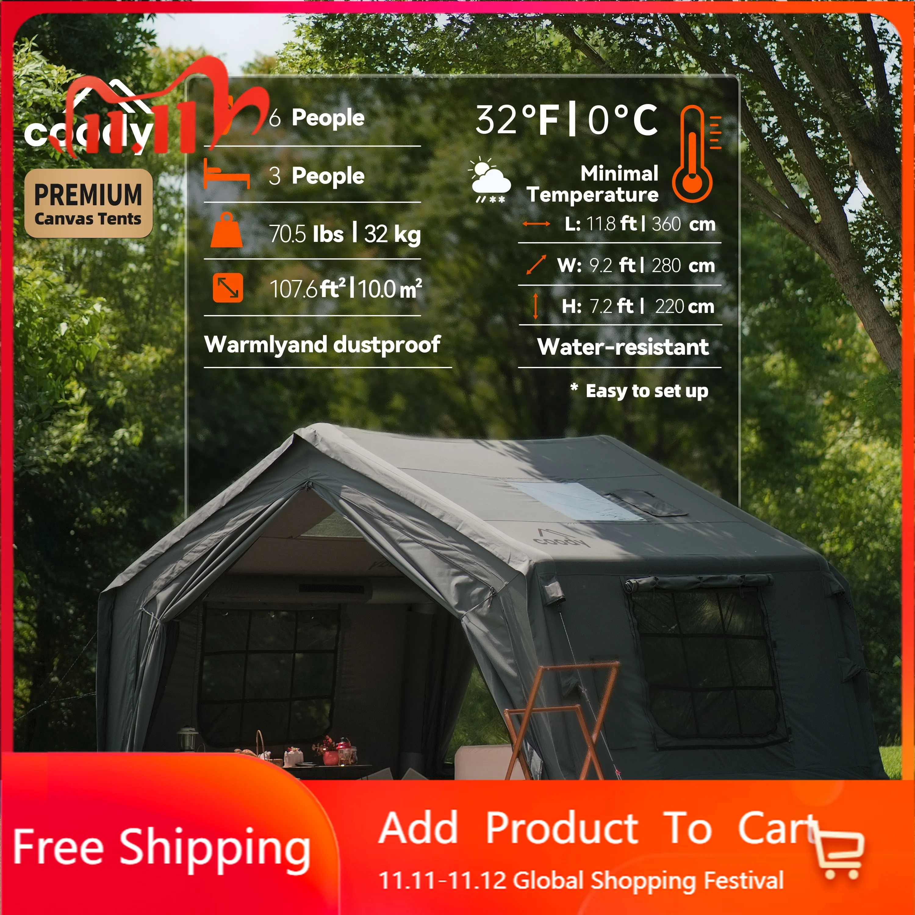 Gray Coody 10.0 Air Tent Large Camping House Inflatable Tent For Outdoor Picnic Hiking Glamping