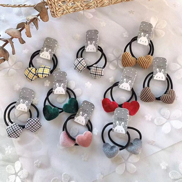 2 sztuk aksamitne serce Plaid gwiazda przycisk elastyczne gumki do włosów gumowe do włosów do związywania włosów dziewczyny włosów Scrunchie kucyk Holder Gum...