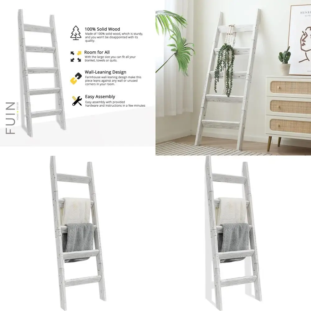 

Rustic White Wooden Ladder for Living Room Decor, Wall-Mounted Quilt and Towel Display Rack, Ideal for Storage in Home or Bathro