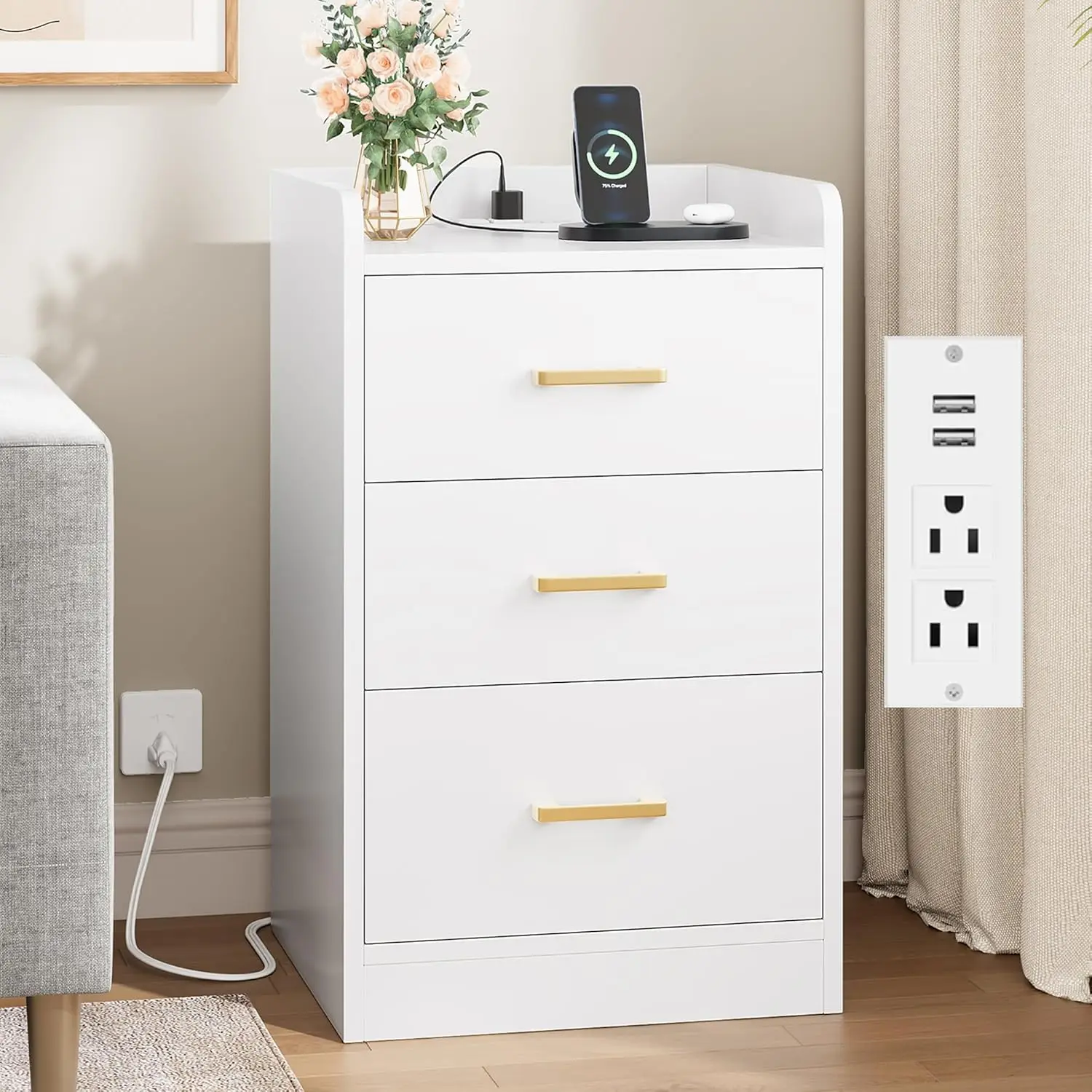 FOTOSOK White Nightstand with Charging Station, 3 Drawer Nightstand with Gold Handles, White Nightstand for Bedroom,