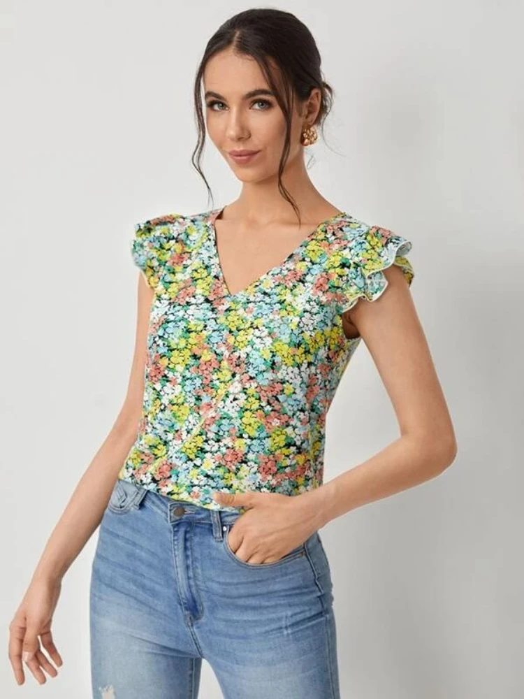 2024 Summer Fashion Printed Women\'s T-shirt Sleeveless V-neck Sexy Casual Home Small Fragmented Flower Basic Shirt Top