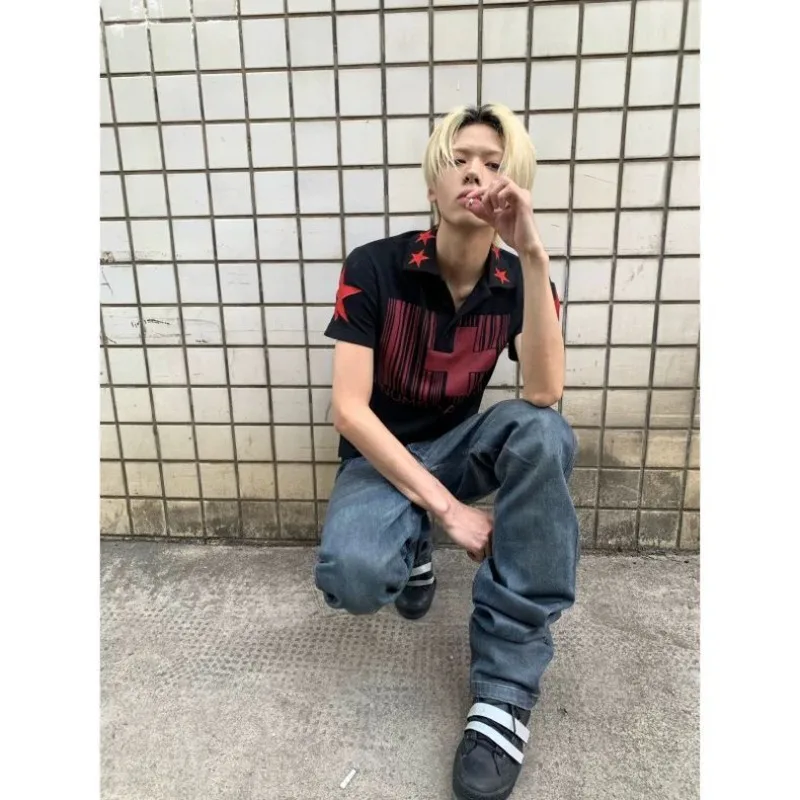 American subculture Y2K streetwear slim lapel Polo shirt High street hip-hop Academy simple individual Grunge women's clothing