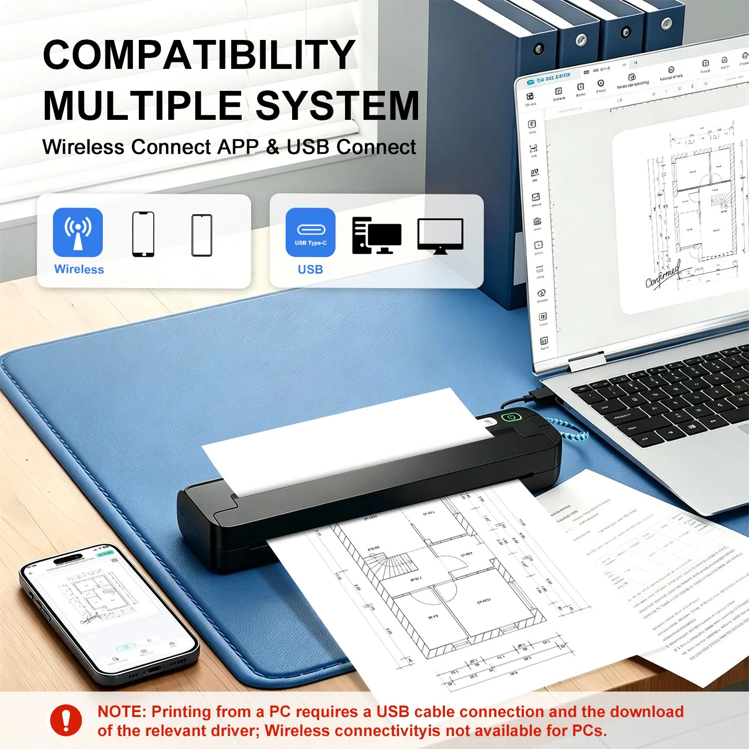 HZTZ On-the-Go Thermal Printer, 1500mAh Battery & Ultra-Compact for A4 Documents, No Ink Needed