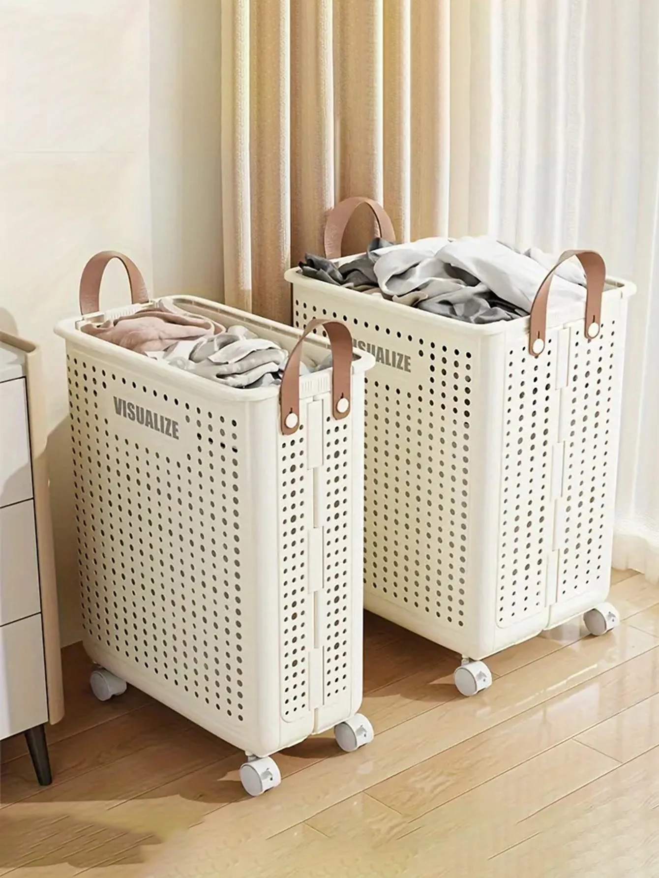 

Пластиковая корзина для белья на колесах, дышащая и прочная, многофункциональная корзина для белья, для хранения игрушек и спортивного оборудования.