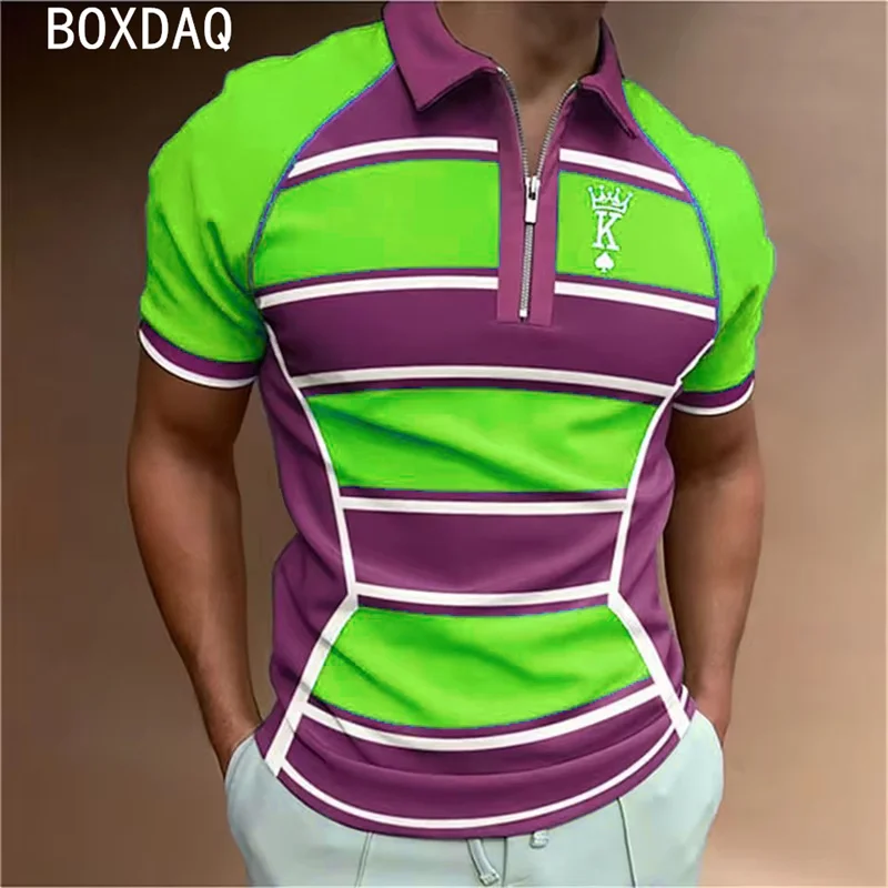 Men's Summer Striped Printed New Fashionable Zipper Lapel Polo Shirt Casual Men's Short Sleeved Golf Sports Street Style Top