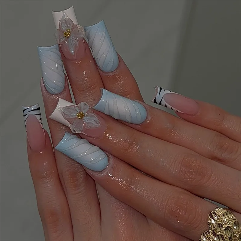 เล็บปลอมแบบกดติด 24 ชิ้น ทรงเหลี่ยมกลาง ปลายเต็ม ลายดอกไม้สีแดงประดับเพชร ดีไซน์ดาว 3 มิติ ใช้ซ้ำได้